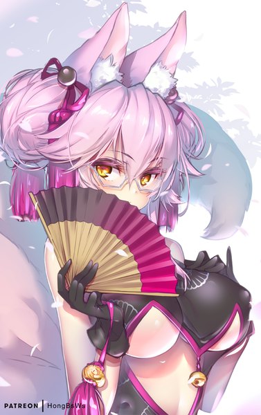 Anime picture 629x1000 with fate (series) fate/grand order tamamo (fate) (all) koyanskaya hong (white spider) single tall image looking at viewer blush fringe short hair breasts light erotic hair between eyes large breasts holding animal ears yellow eyes pink hair upper body