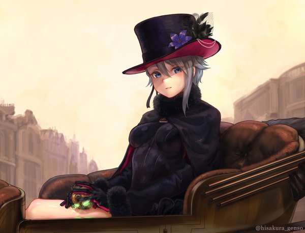 Anime picture 1151x880 with princess principal ange (princess principal) genso single looking at viewer blush fringe short hair breasts blue eyes hair between eyes sitting signed payot outdoors grey hair fur trim twitter username parody fine art parody