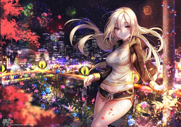 Anime picture 1200x846 with original kyjsogom single long hair looking at viewer fringe light erotic blonde hair red eyes standing light smile wind arm support city groin cityscape city lights fireworks girl shorts
