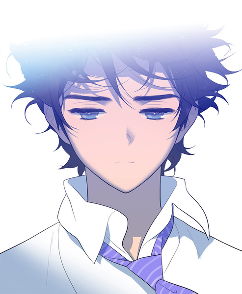 Anime picture 1000x1218 with nowhere boy lee hyun single tall image short hair blue eyes black hair simple background white background wind open collar messy hair boy shirt necktie white shirt