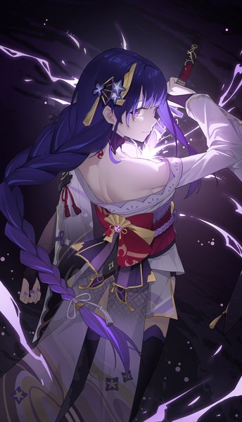 Anime picture 1865x3254 with genshin impact raiden shogun sye- single long hair tall image highres purple eyes purple hair braid (braids) looking back from above from behind mole mole under eye single braid electricity girl weapon sword