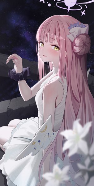 Anime picture 1661x3277 with blue archive mika (blue archive) hidulume single long hair tall image looking at viewer fringe yellow eyes pink hair blunt bangs hair bun (hair buns) sleeveless white wings wrist scrunchie girl flower (flowers) wings halo scrunchie
