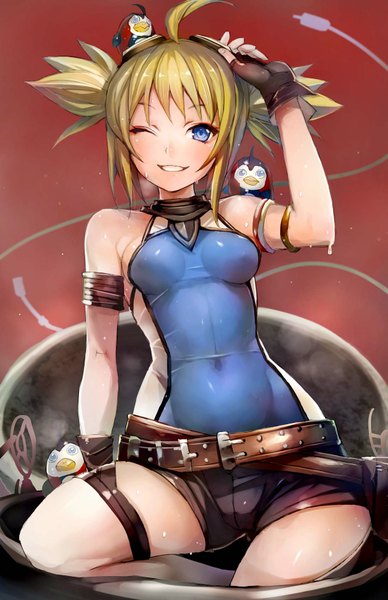Anime picture 1100x1700 with granblue fantasy pengi (granblue fantasy) taishi (picchiridou) tall image looking at viewer blush fringe short hair breasts open mouth blue eyes light erotic blonde hair smile sitting twintails ahoge bent knee (knees) one eye closed wink
