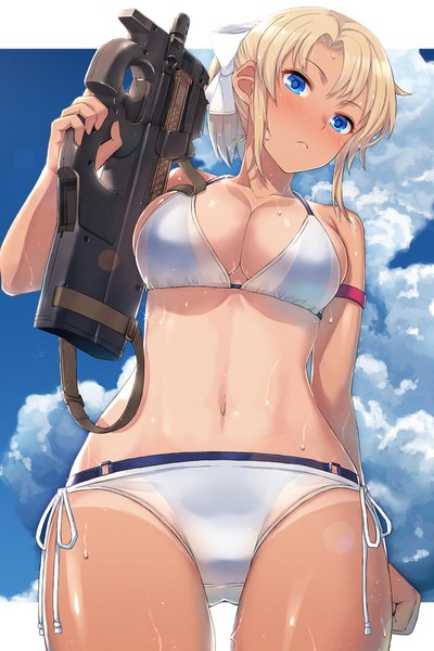 Anime picture 1200x1800 with original blonde girl (itou) itou (onsoku tassha) single tall image looking at viewer blush fringe short hair breasts blue eyes light erotic blonde hair hair between eyes large breasts standing holding payot sky cleavage