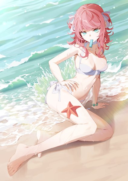 Anime-Bild 3035x4299 mit original yoru (0 0yoru) single long hair tall image highres breasts light erotic holding looking away pink hair absurdres full body outdoors barefoot aqua eyes arm support bare legs wet two side up