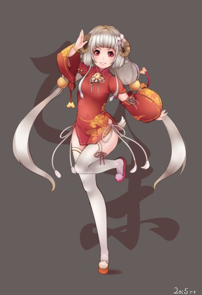 Anime picture 2200x3200 with original chenang11 single long hair tall image blush highres simple background red eyes tail traditional clothes animal tail hair flower horn (horns) grey hair hieroglyph chinese clothes bell collar sheep girl sheep ears