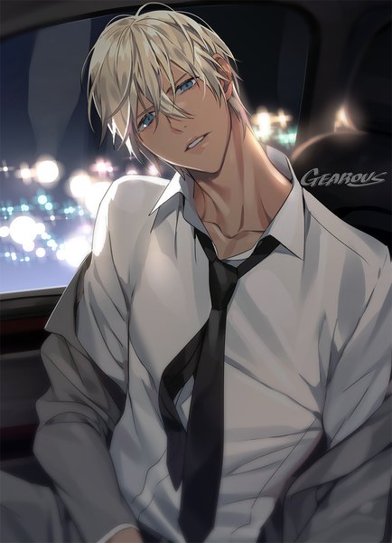 Anime picture 950x1311 with detective conan amuro tooru gearous single tall image looking at viewer fringe short hair blue eyes blonde hair hair between eyes sitting signed upper body parted lips head tilt off shoulder city lights car interior boy