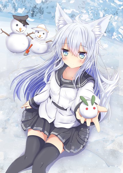 Anime picture 1112x1555 with kantai collection hibiki destroyer verniy destroyer aruka (alka p1) single long hair tall image looking at viewer blush fringe blue eyes hair between eyes sitting holding animal ears silver hair purple hair ahoge outdoors tail