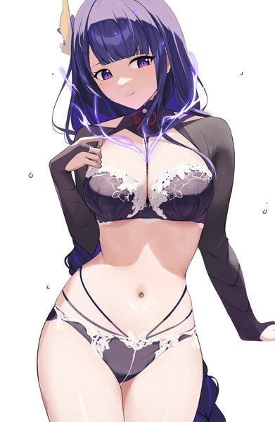 Anime picture 2286x3508 with genshin impact raiden shogun gin00 single long hair tall image looking at viewer blush fringe highres breasts light erotic simple background large breasts standing white background purple eyes purple hair blunt bangs braid (braids)