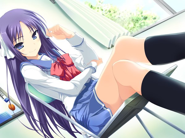 Anime picture 1200x900 with angel navigate long hair purple eyes game cg purple hair serafuku knee socks