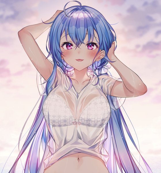 Anime picture 1336x1433 with original komeshiro kasu single long hair tall image looking at viewer blush fringe breasts light erotic smile hair between eyes large breasts standing twintails blue hair sky upper body ahoge pink eyes