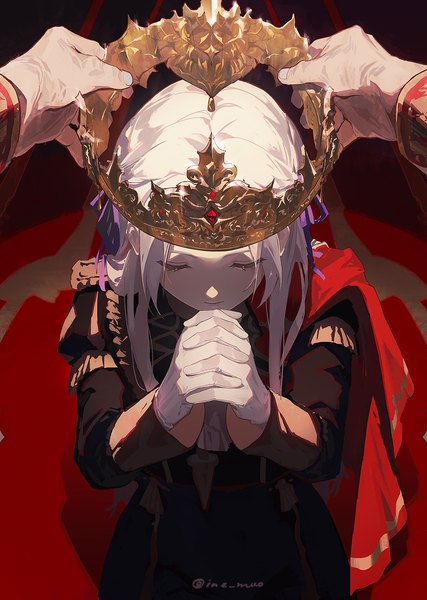 Anime picture 1200x1688 with fire emblem fire emblem: three houses nintendo edelgard von hresvelg mo (ine mao) long hair tall image holding signed white hair eyes closed from above twitter username pov interlocked fingers praying girl gloves uniform ribbon (ribbons)