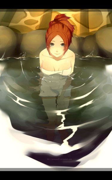 Anime picture 2400x3840 with bleach studio pierrot inoue orihime persona92 (orichie) single long hair tall image looking at viewer highres breasts light erotic smile sitting bare shoulders signed from above orange hair grey eyes alternate hairstyle naked towel