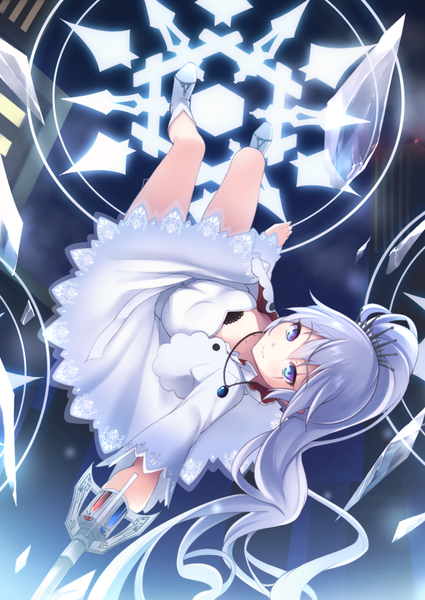 Anime picture 595x839 with rwby rooster teeth weiss schnee sangoku raizu single long hair tall image looking at viewer fringe hair between eyes silver hair ponytail aqua eyes scar upside down multicolored eyes backlighting girl dress hair ornament