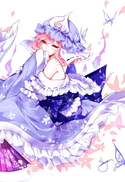 Anime picture 2200x3200 with touhou saigyouji yuyuko sheya single tall image looking at viewer fringe highres short hair simple background hair between eyes red eyes white background signed pink hair long sleeves traditional clothes japanese clothes off shoulder wide sleeves