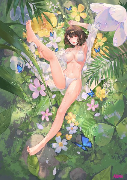 Anime picture 1131x1600 with original atdan single tall image looking at viewer blush fringe short hair breasts open mouth light erotic black hair hair between eyes red eyes large breasts signed full body lying one eye closed barefoot