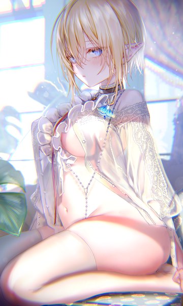 Anime picture 1800x3000 with original pottsness single tall image looking at viewer blush fringe highres short hair breasts blue eyes light erotic blonde hair hair between eyes large breasts sitting payot indoors pointy ears anaglyph