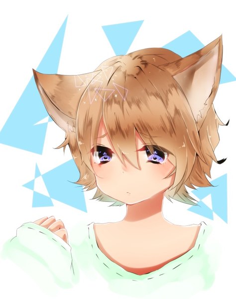 Anime picture 632x800 with original buruma (artist) single tall image blush fringe short hair simple background hair between eyes brown hair purple eyes animal ears payot looking away long sleeves fox ears symbol-shaped pupils portrait sad alternate age