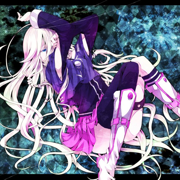 Anime picture 1486x1486 with vocaloid ia (vocaloid) single fringe blue eyes sitting pink hair braid (braids) very long hair twin braids knees touching girl skirt boots thigh boots pink skirt