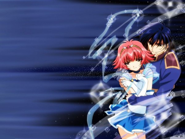 Anime picture 1240x930 with new snow white's legend pretear awayuki himeno hayate long hair short hair blue eyes simple background brown eyes blue hair pink hair wind couple hug crossed arms girl boy uniform tiara