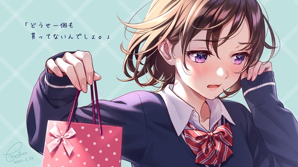 Anime picture 1920x1080 with original morikura en single blush highres short hair open mouth brown hair wide image purple eyes holding signed looking away upper body long sleeves fingernails embarrassed text adjusting hair dated