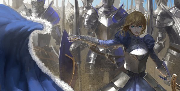 Anime picture 1132x572 with fate (series) fate/stay night type-moon artoria pendragon (all) saber virus76 looking at viewer fringe short hair blue eyes blonde hair wide image standing long sleeves wind sunlight puffy sleeves outstretched arm girl weapon