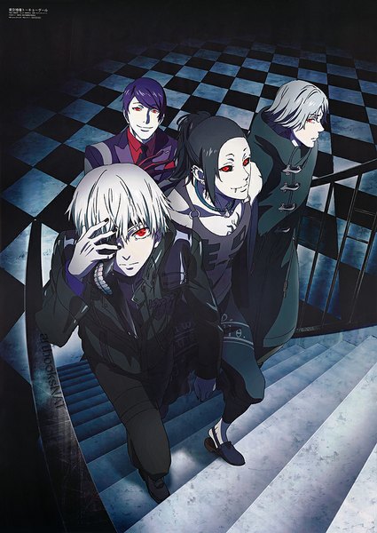 Anime picture 750x1059 with tokyo ghoul studio pierrot kaneki ken uta (tokyo kushu) tsukiyama shuu yomo renji tall image looking at viewer short hair black hair smile red eyes holding purple hair white hair nail polish profile fingernails from above lips