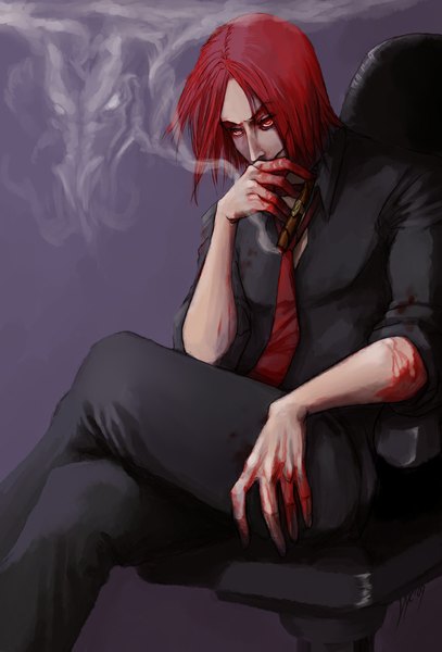 Anime picture 746x1100 with original captainberunov tall image short hair simple background smile red eyes sitting looking away red hair crossed legs smoke chin rest bloody clothes boy shirt necktie blood pants armchair