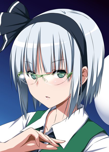 Anime picture 744x1044 with touhou konpaku youmu nori tamago single tall image looking at viewer blush fringe short hair simple background green eyes silver hair blunt bangs portrait bespectacled girl glasses hairband