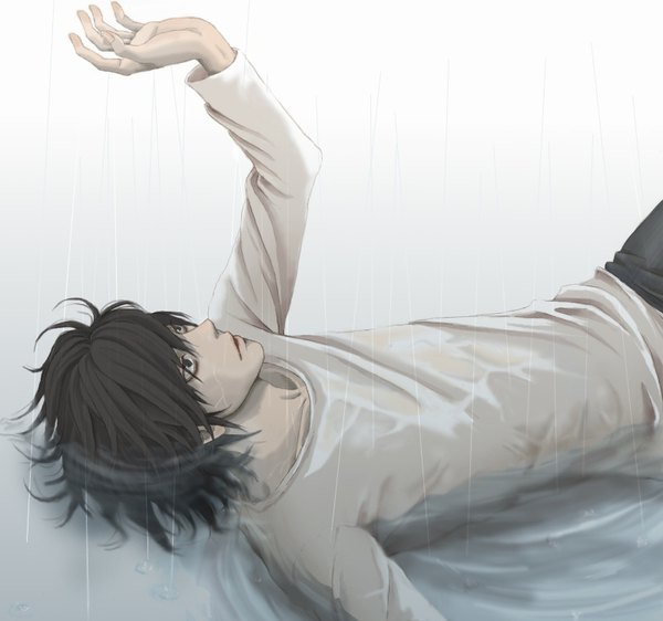 Anime picture 800x750 with death note madhouse l (death note) tagme (artist) single fringe short hair black hair simple background hair between eyes white background lying arm up black eyes wet on back partially submerged looking up rain wet clothes