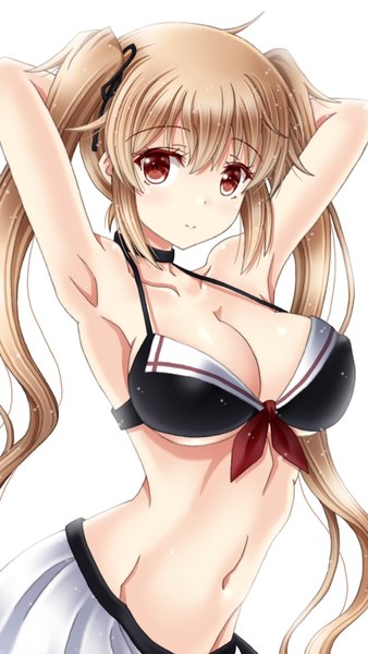 Anime picture 640x1136 with kantai collection murasame destroyer amou yuu single long hair tall image looking at viewer fringe breasts light erotic simple background blonde hair hair between eyes red eyes large breasts white background twintails upper body light smile armpit (armpits)