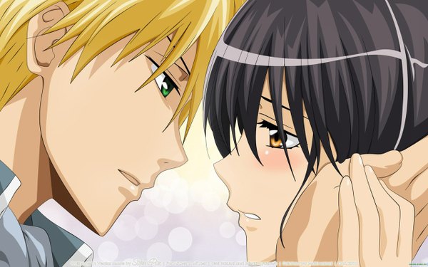 Anime picture 1280x800 with kaichou wa maid-sama! ayuzawa misaki takumi usui long hair blush fringe short hair open mouth black hair blonde hair brown eyes green eyes profile embarrassed lens flare holding hands portrait face to face polka dot almost kiss