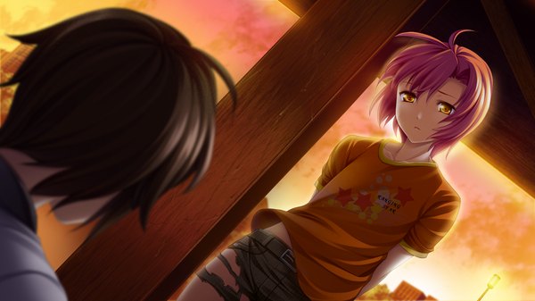 Аниме картинка 1280x720 с izuna zanshinken (game) короткие волосы чёрные волосы широкое изображение game cg оранжевые волосы оранжевые глаза девушка мужчина