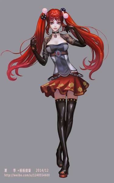 Anime picture 850x1359 with original xiaji single long hair tall image looking at viewer fringe breasts simple background red eyes twintails signed payot full body red hair arm up grey background zettai ryouiki dated crossed legs (standing)