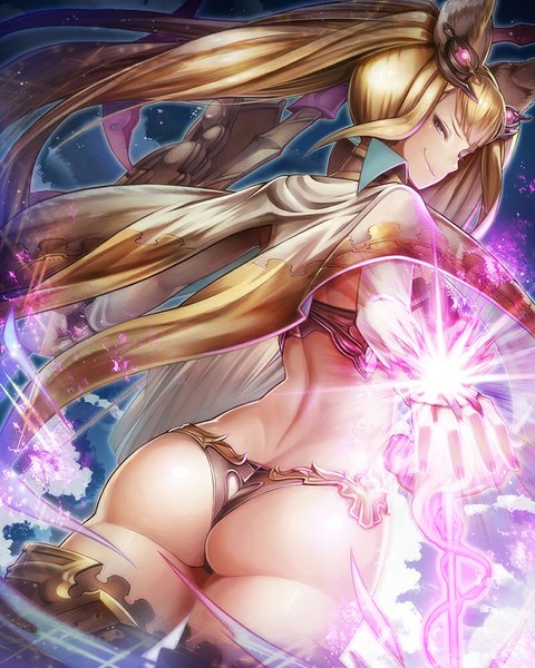 Anime picture 800x1001 with granblue fantasy metera (granblue fantasy) shizuru (daikoukaizidai) single long hair tall image looking at viewer fringe light erotic smile twintails animal ears yellow eyes ass looking back from behind from below outstretched arm magic looking down