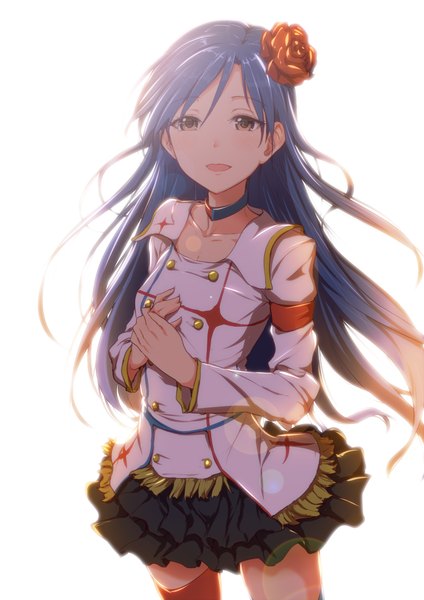 Anime picture 867x1227 with idolmaster idolmaster movie kisaragi chihaya clearite single long hair tall image looking at viewer blush open mouth simple background white background brown eyes blue hair hair flower girl dress hair ornament flower (flowers)