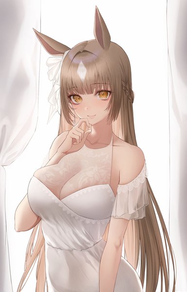 Anime picture 1500x2344 with umamusume satono diamond ame 816 single long hair tall image looking at viewer fringe breasts light erotic simple background smile brown hair large breasts standing white background bare shoulders animal ears yellow eyes payot