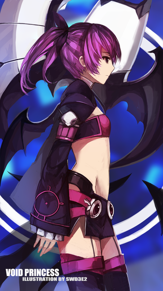 Anime picture 637x1133 with elsword aisha landar swd3e2 single long hair tall image purple eyes twintails looking away purple hair profile inscription bare belly girl thighhighs skirt miniskirt wings staff