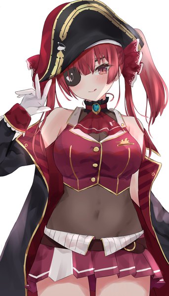 Anime picture 683x1200 with virtual youtuber hololive houshou marine houshou marine (1st costume) 1revy single long hair tall image looking at viewer blush simple background red eyes standing white background twintails red hair pleated skirt off shoulder midriff girl