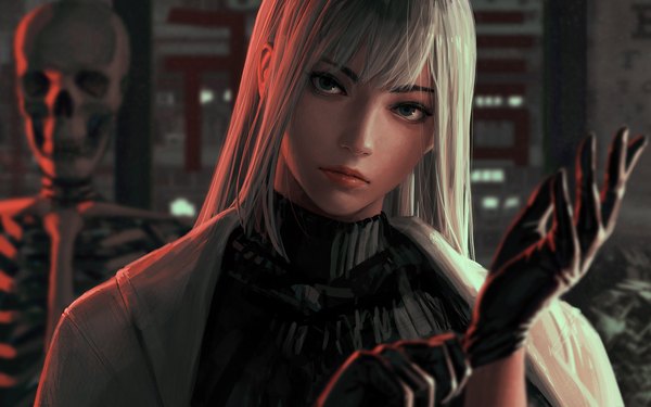 Anime picture 4096x2560 with original guweiz single long hair looking at viewer fringe highres standing absurdres silver hair upper body indoors head tilt lips black eyes blurry realistic depth of field clothes on shoulders skeleton