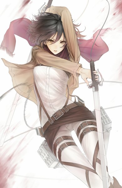 Anime picture 675x1035 with shingeki no kyojin production i.g mikasa ackerman mins (minevi) single tall image looking at viewer short hair open mouth smile brown hair brown eyes open clothes open jacket girl weapon sword jacket scarf red scarf