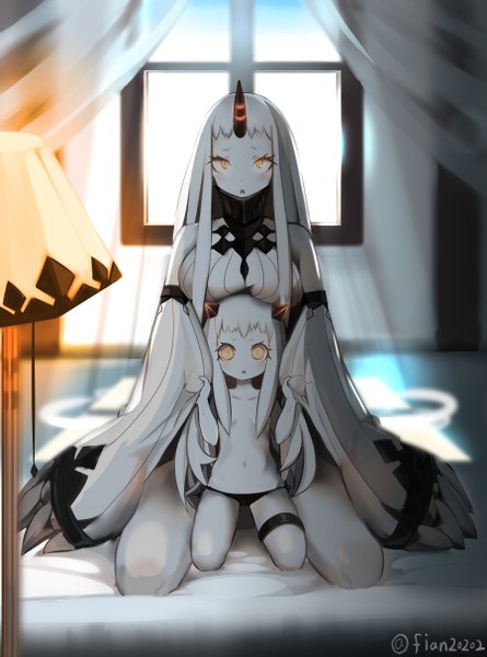 Anime picture 900x1212 with kantai collection northern ocean hime seaport hime nasubi (fian0202) long hair tall image looking at viewer blush fringe breasts open mouth light erotic sitting bare shoulders multiple girls yellow eyes white hair horn (horns) censored sunlight
