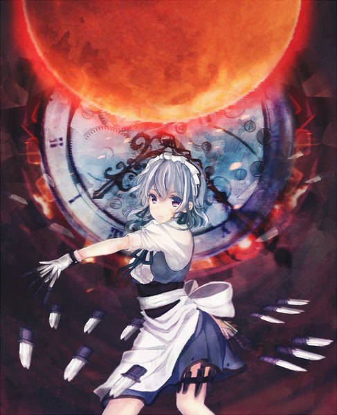 Anime picture 1000x1233 with touhou izayoi sakuya bou shaku single tall image short hair purple eyes grey hair maid girl gloves headdress maid headdress clock knife gears