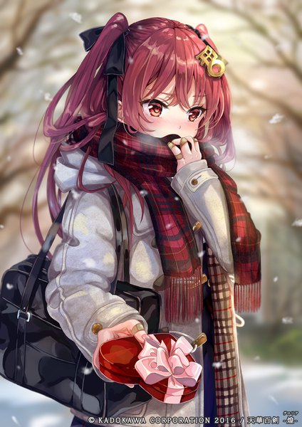 Anime picture 700x990 with tenka hyakken jouizumi masamune (tenka hyakken) pisuke single long hair tall image looking at viewer blush fringe hair between eyes red eyes standing holding outdoors red hair long sleeves blurry official art two side up depth of field