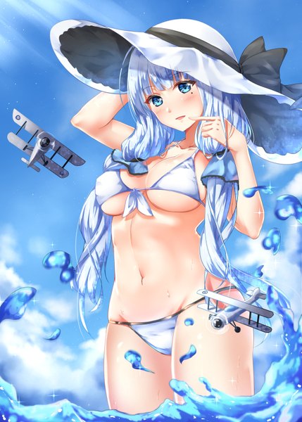 Anime picture 1157x1618 with azur lane illustrious (azur lane) chahei single long hair tall image looking at viewer blush fringe breasts blue eyes light erotic large breasts standing twintails sky cleavage silver hair cloud (clouds) outdoors