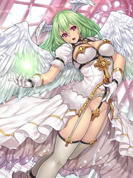 Anime picture 1500x2000 with original houtengeki single long hair tall image breasts open mouth light erotic pink eyes green hair head wings girl thighhighs dress gloves white thighhighs wings