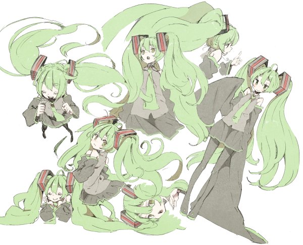 Anime picture 1200x971 with vocaloid hatsune miku abara heiki long hair open mouth smile white background twintails green eyes eyes closed long sleeves green hair multiple persona girl detached sleeves