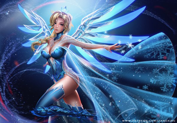 Anime picture 1200x833 with frozen (disney) overwatch blizzard entertainment disney mercy (overwatch) liang xing single long hair looking at viewer fringe breasts blue eyes light erotic blonde hair standing signed cleavage full body bent knee (knees) braid (braids)