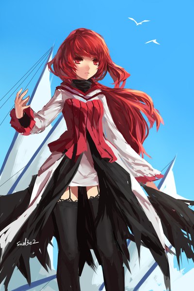 Anime picture 1417x2125 with swd3e2 single long hair tall image looking at viewer red eyes sky red hair girl thighhighs dress black thighhighs animal bird (birds)