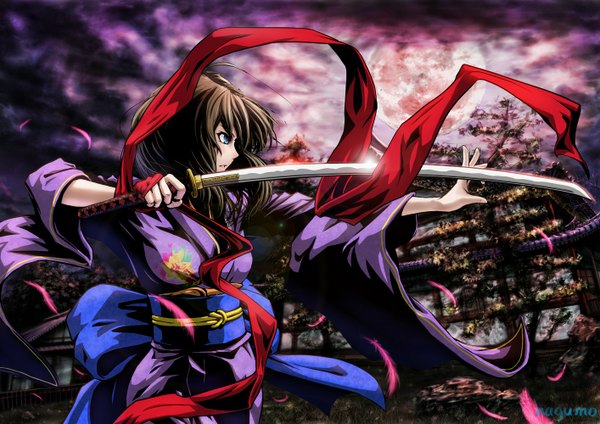 Anime picture 1414x1000 with kara no kyoukai type-moon ryougi shiki nagumo (qmzp10) single long hair brown hair signed sky cloud (clouds) japanese clothes profile aqua eyes realistic girl bow weapon plant (plants) sword tree (trees)